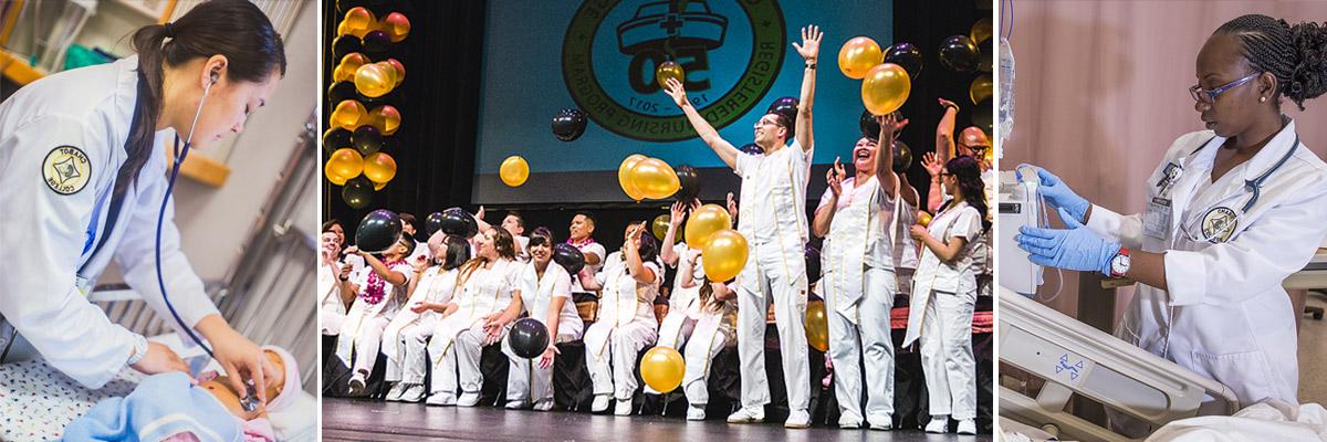 护理 students at graduation, monitoring baby, and checking monitor.